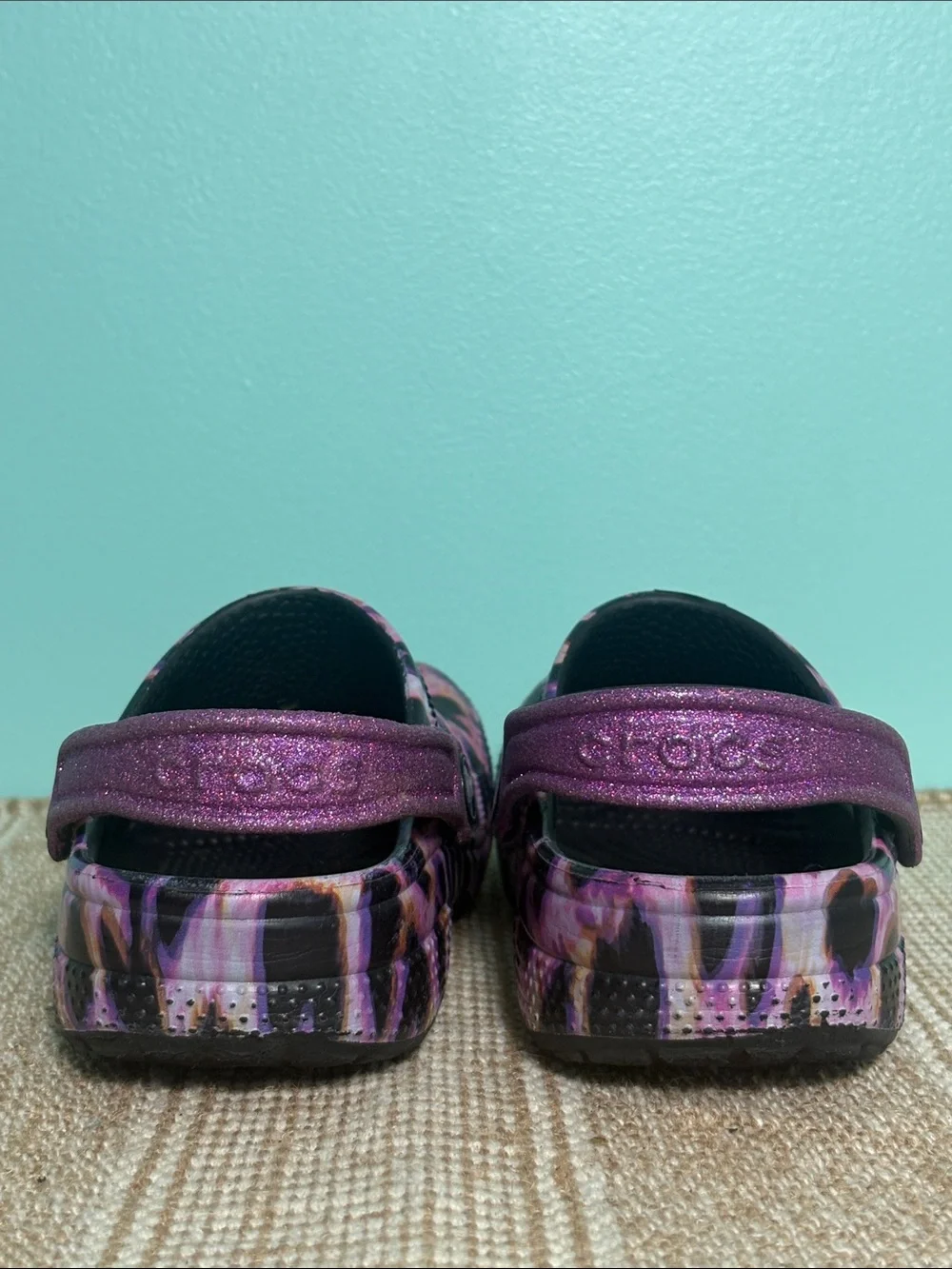 CROCS Kids Purple Leopard Print Clog with Glitter Strap. Croslite Foam. Size-J 2